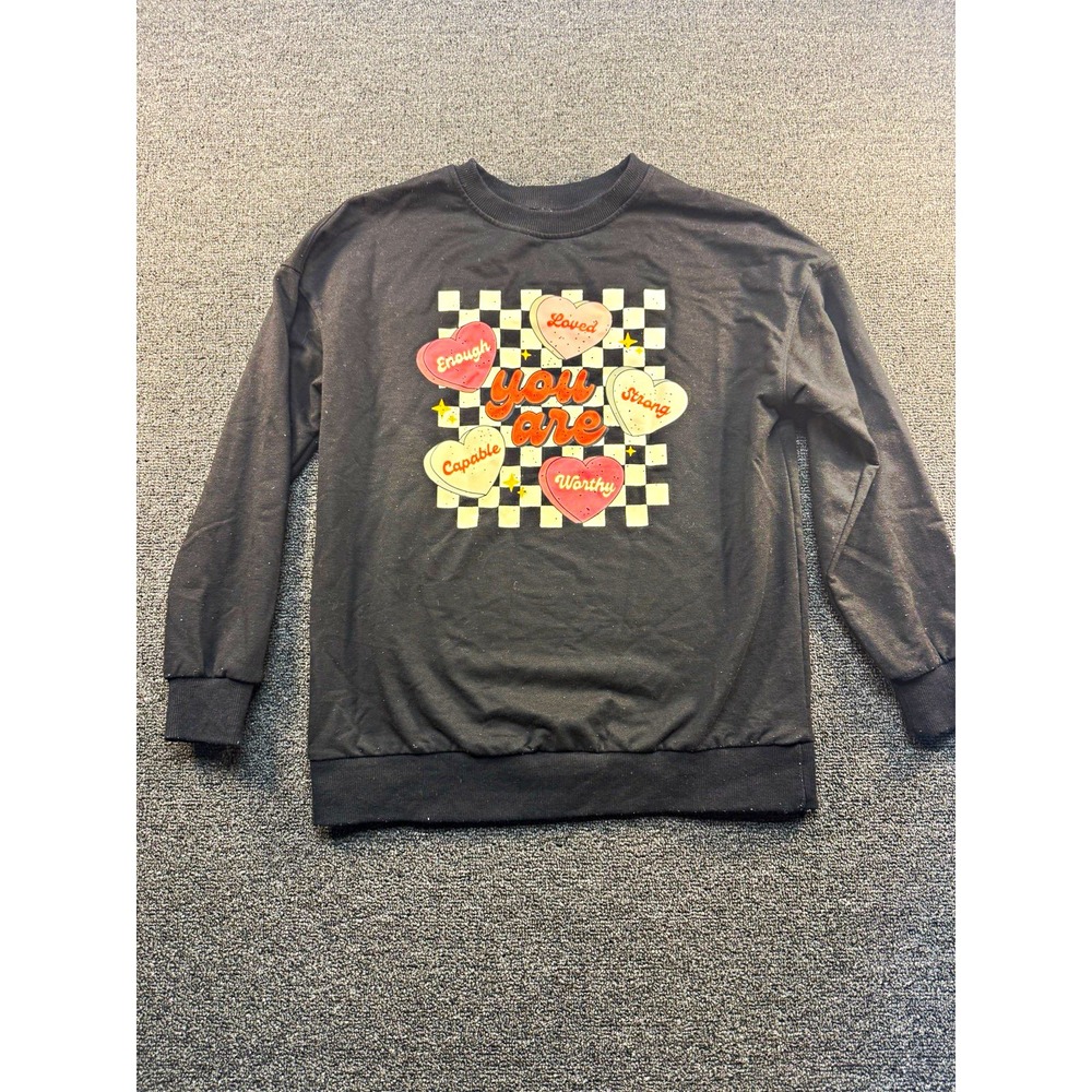 Women's Black Heart Graphic Print Crewneck Pullover Sweatshirt Regular Size S